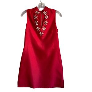 STS Sail to Sable Silk Cotton Beaded Shift Dress Red Embellished Mod Twee Size 4